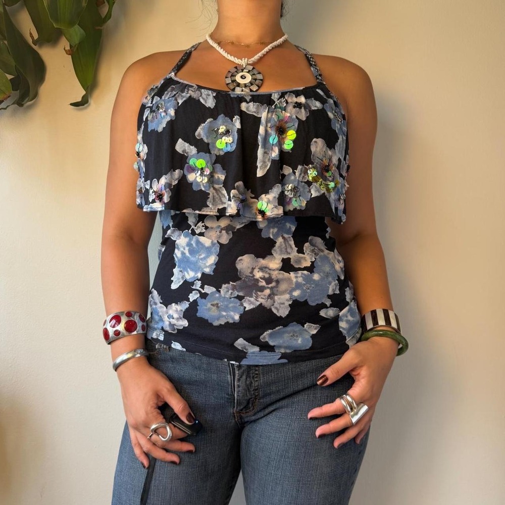 INC International Concepts Floral Sequin Ruffle Tank Top Blue Fairycore Y2K M